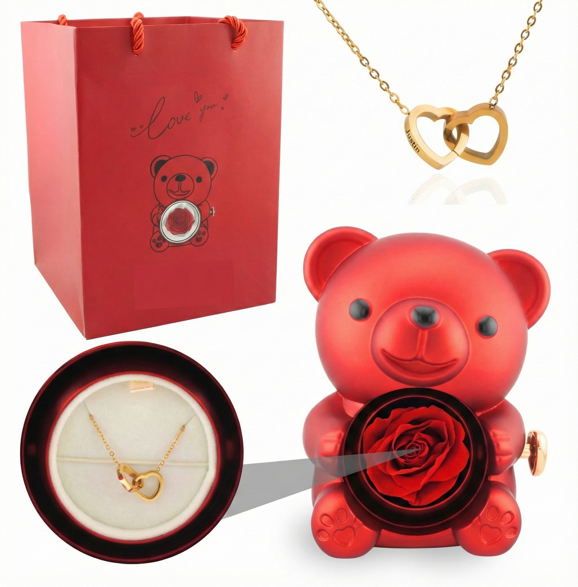 Mini Delicate Heart Engraved Necklace Lovely Bear Jewelry Boxes Valentine'S Day Mother Day Birthday Gift Paper Bag Set My Store