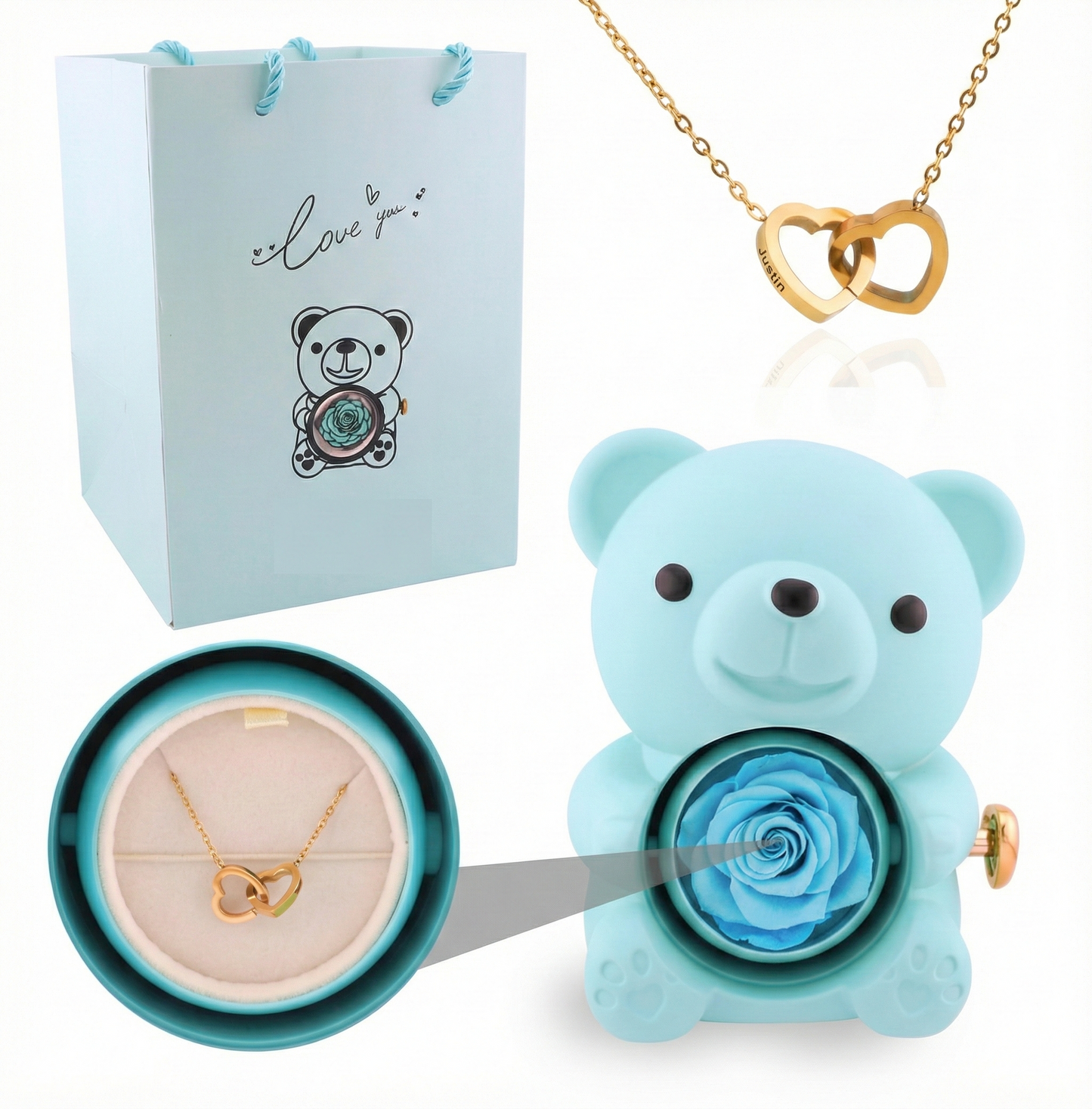 Mini Delicate Heart Engraved Necklace Lovely Bear Jewelry Boxes Valentine'S Day Mother Day Birthday Gift Paper Bag Set My Store